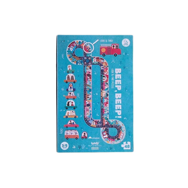 Türkise Spieleschachtel Beep, Beep! mit gewundenem Pfad, roten Fahrzeugen und Figuren