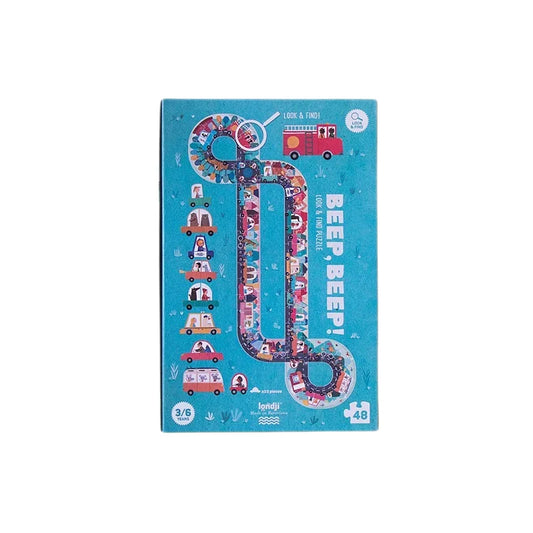 Türkise Spieleschachtel Beep, Beep! mit gewundenem Pfad, roten Fahrzeugen und Figuren