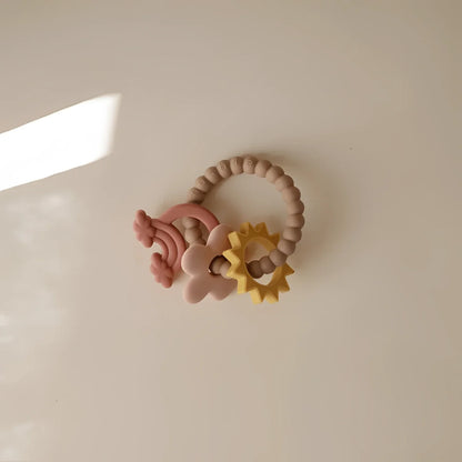 Pastellrosa und gelber silikonbeissring nature mit perlenring regenbogen blume und sonne spielzeug
