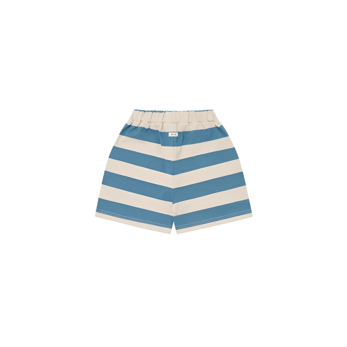 Blue and cream striped bermuda shorts with elastic waistband in deck chair stripes pattern