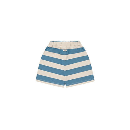 Blue and cream striped bermuda shorts with elastic waistband in deck chair stripes pattern