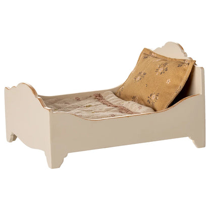 Creme-weiße Holzpuppenbett Bett Maus mit gepolstertem Matratze und Blumentapfen-Kissen