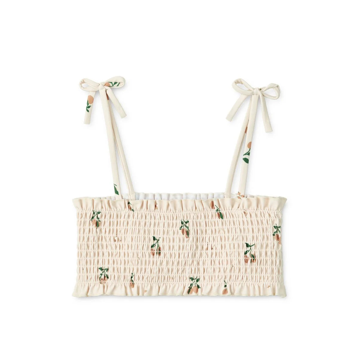 Cremefarbener, gesmokter Crop-Top mit floralen Stickereien und Bindebändern