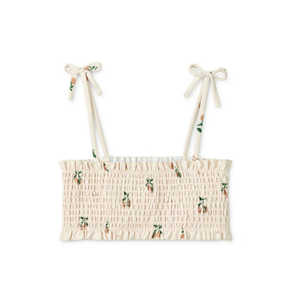 Cremefarbener, gesmokter Crop-Top mit floralen Stickereien und Bindebändern