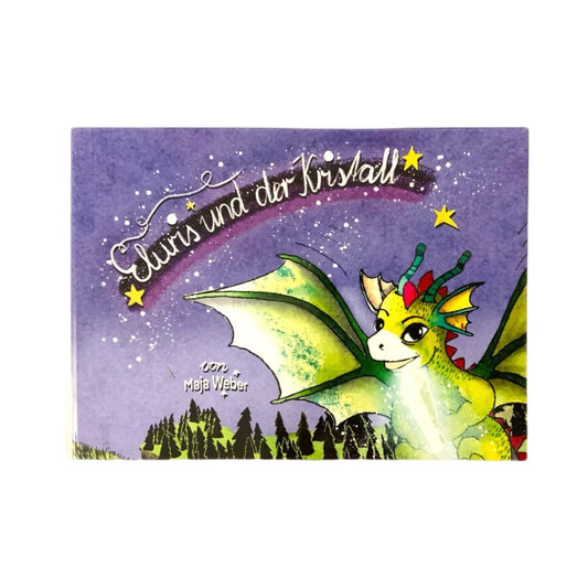 Ein fantasievoller grüner Drache mit bunten Stacheln vor sternigem lila Hintergrund