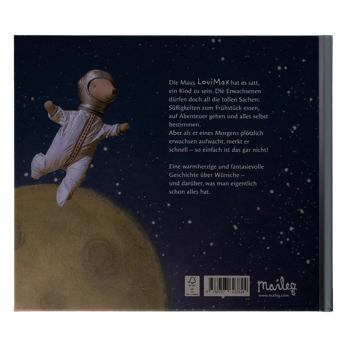 Ein plüsch-teddybär astronaut in einem weißen spacesuit mit goldenen akzenten schwimmt über dem mond bilderbuch louimax