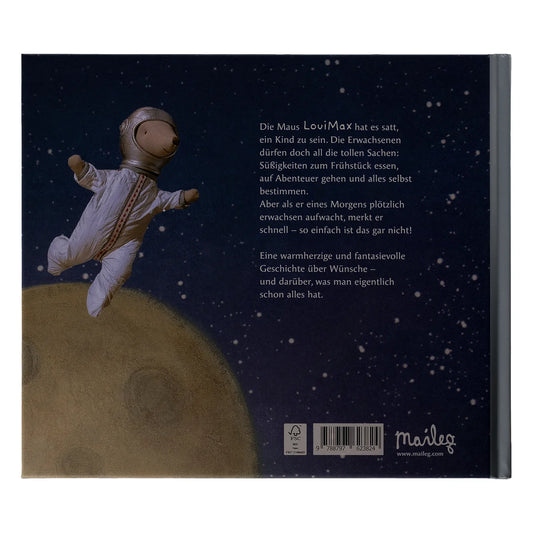 Ein plüsch-teddybär astronaut in einem weißen spacesuit mit goldenen akzenten schwimmt über dem mond bilderbuch louimax