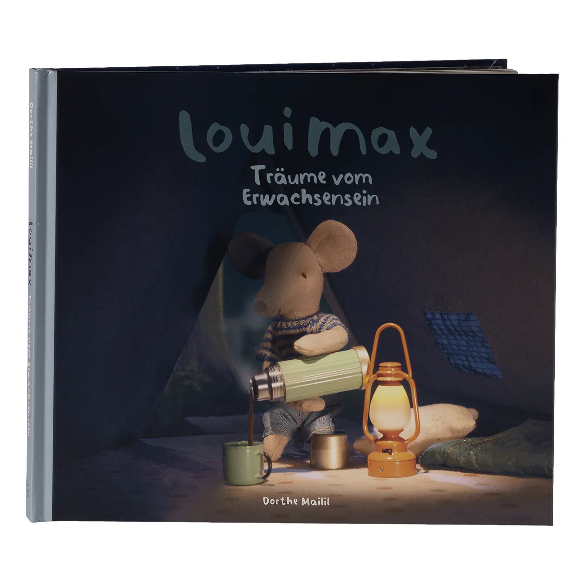 Plüschmaus LouiMax in gestreiftem Pullover und blauer Hose hält grüne Thermosflasche: Bilderbuch Träume vom Erwachsensein