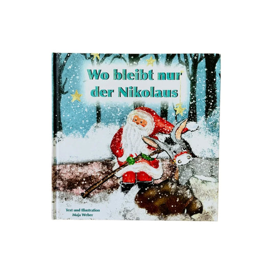 Deutsch Kinderbuchcover mit Nikolaus und einem Hasen in einer Winterlandschaft