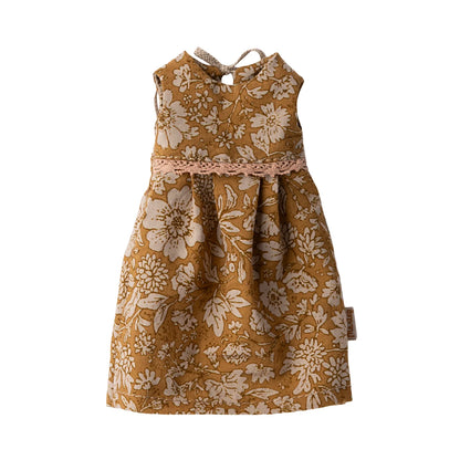 Filigranes Blumenkleid Grösse 2 in Senfgelb mit cremefarbenen Blüten und Spitzenbund