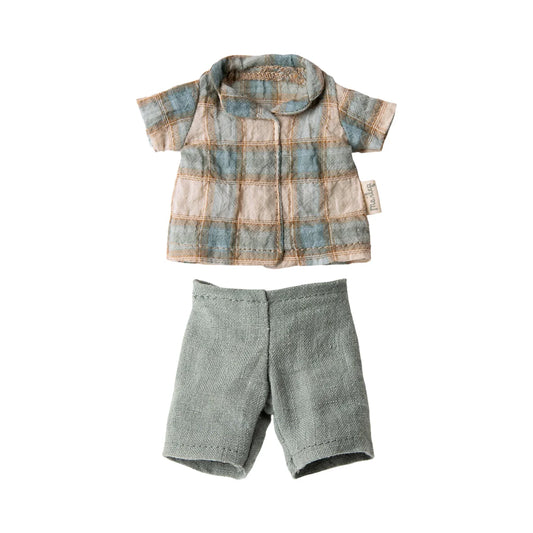Bluse und Shorts Grösse 1 in sanftem Blau und Beige mit feinem Strick