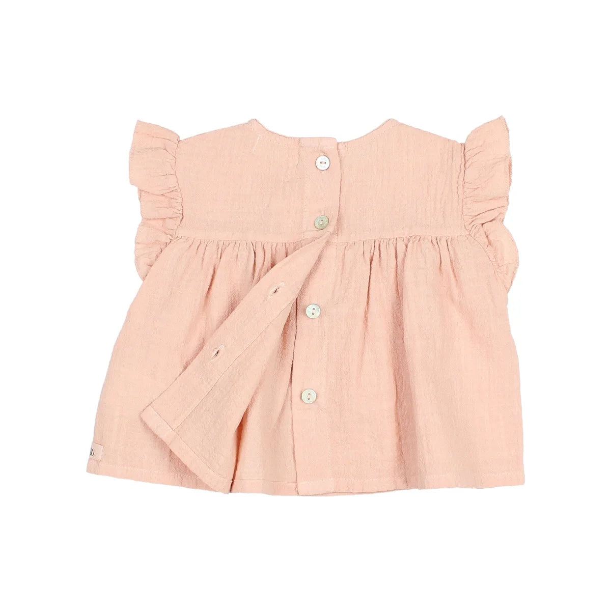 Rosa Rüschbluse mit Knopfverschluss hinten und Flauschärmeln im Boho-Stil