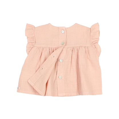 Rosa Rüschbluse mit Knopfverschluss hinten und Flauschärmeln im Boho-Stil