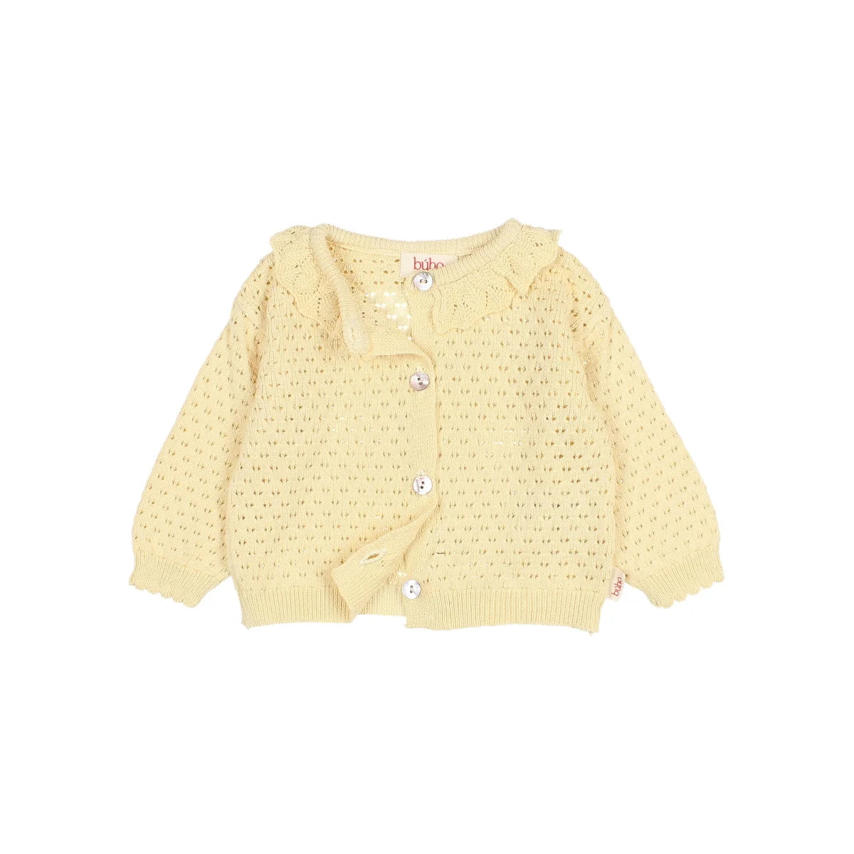 Boho Cardigan in zartem Gelb mit Spitzenmuster, nachhaltige Babykleidung Schweiz