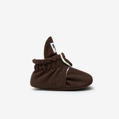 Braune Stoffbabybooties mit weißem Rand und elastischem Bündchen für 12-24 Monate