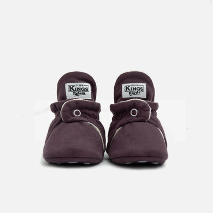 Dunkelviolette Babybooties mit weißem Rand und Druckknöpfen für 12-24 Monate