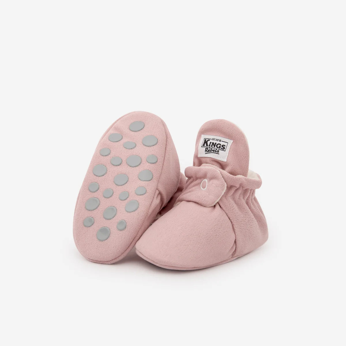 Paar rosa Babybooties mit rutschfesten Sohlen aus dem Produkt Booties Gamuza Gripper 12-24 Monate Rosewood