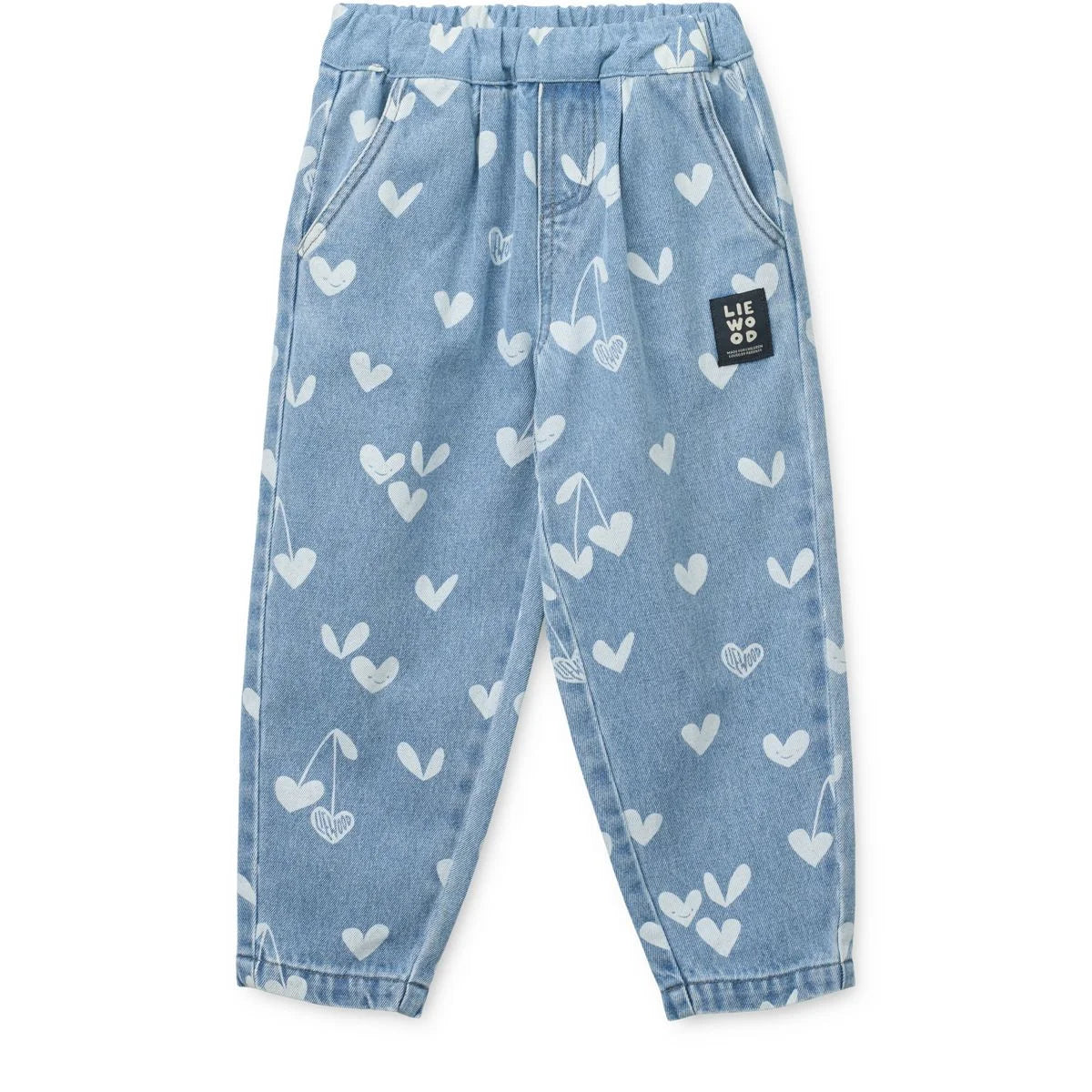 Helle blaue Denim-Jeanshose mit Herzen und Kirschen, lockere Passform