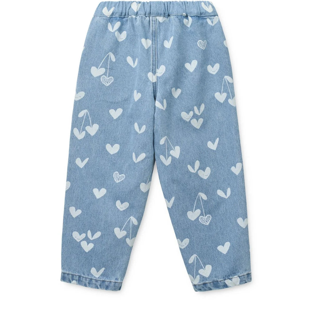 Helle blaue Denim-Jeanshose mit Herz- und Kirschmuster, lockere Passform