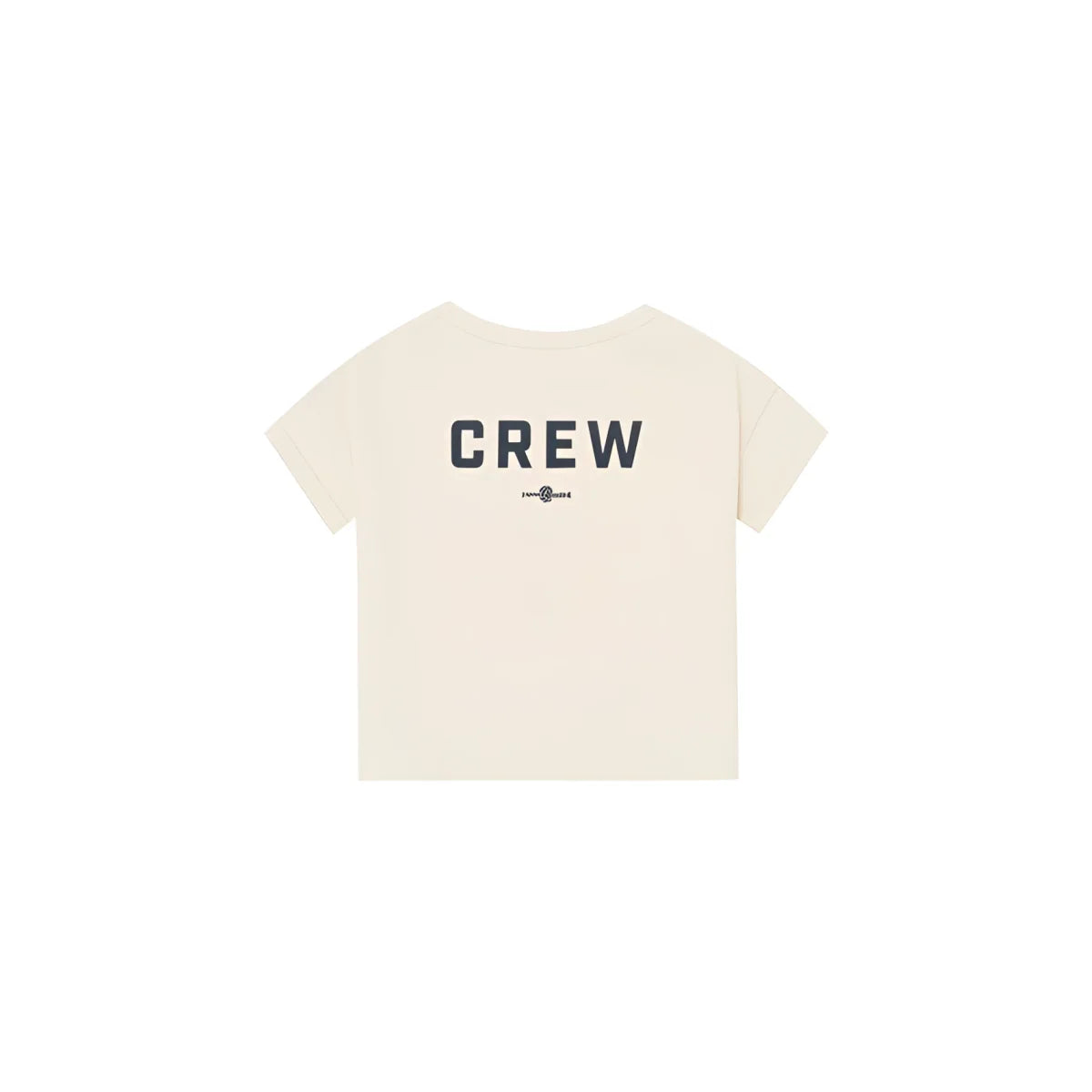 Cremefarbener boxy t-shirt hinten mit schwarzer crew schrift in crew boxy t-shirt design