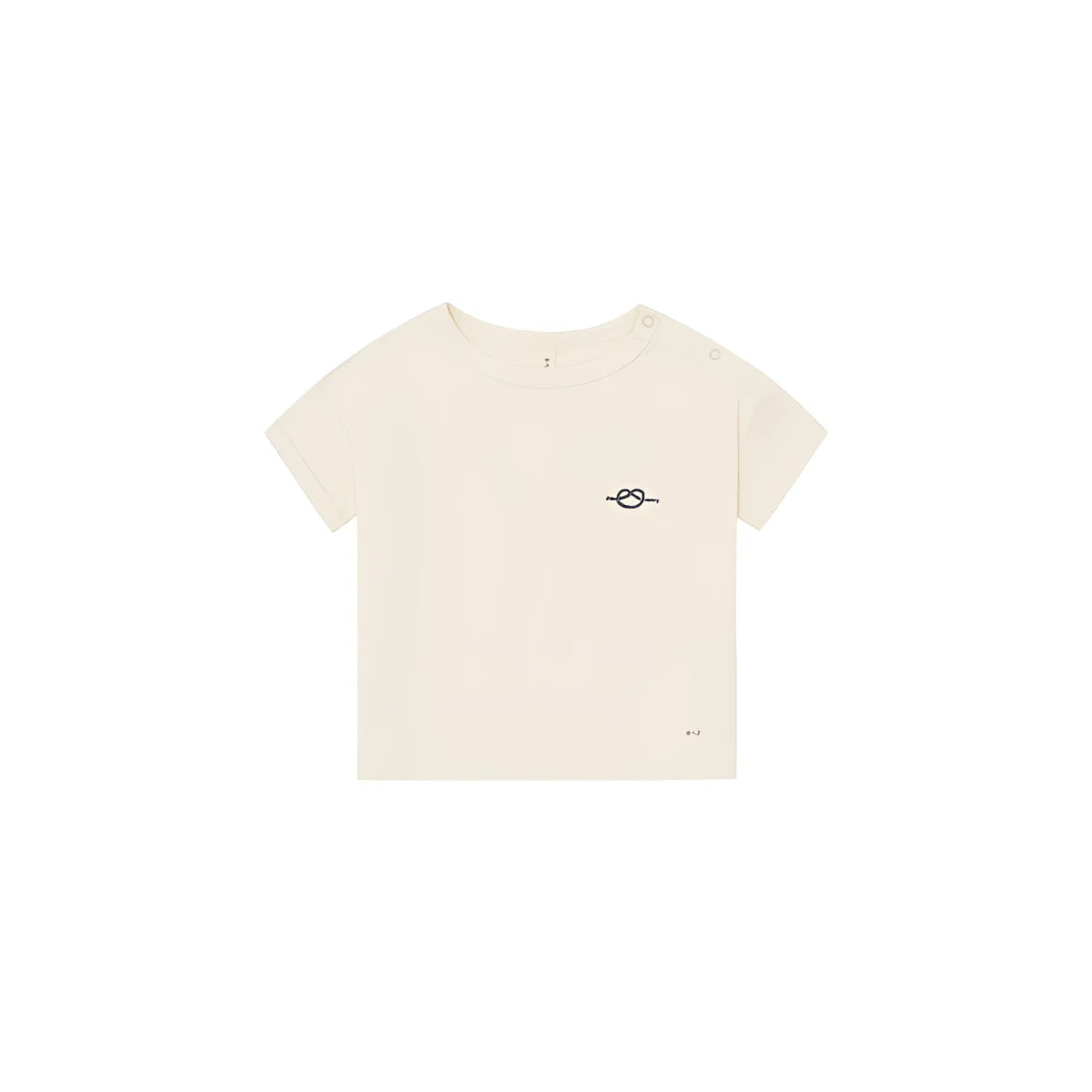 Cremefarbenes kurzärmeliges Boxy T-Shirt Crew mit dezenter bestickter Knotenapplikation auf der Brust
