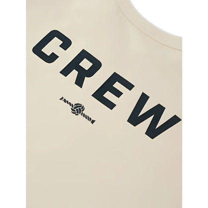 Cremefarbene boxy t-shirt crew mit schwarzer crew-schrift und tauknoten-logo unter dem schriftzug