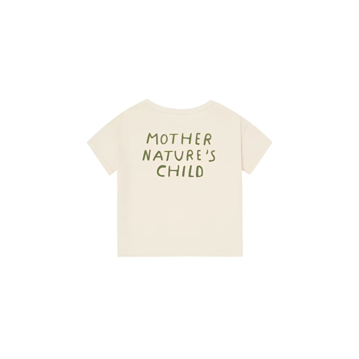 Rückenansicht: Boxy T-Shirt Mother Nature's Child in Creme mit grünem Schriftzug