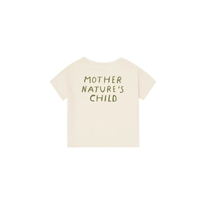 Rückenansicht: Boxy T-Shirt Mother Nature's Child in Creme mit grünem Schriftzug