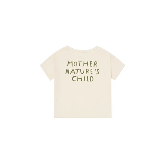 Rückenansicht: Boxy T-Shirt Mother Nature's Child in Creme mit grünem Schriftzug