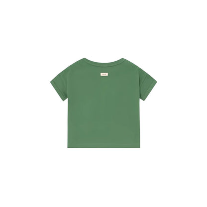 Boxy t shirt seagrass in weichem olivgrün mit geripptem stoff und kleinem weißen etikett am kragen