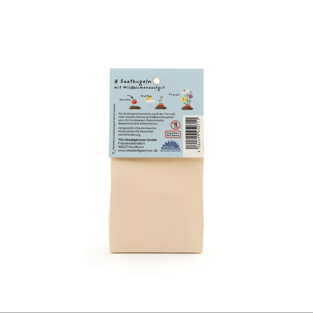 Beige rechteckige samenpackung bunt blumenmurmeln mit blauem etikett und pflanzenillustrationen für ökologische