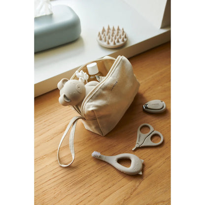 Beige Canvas-Toilettenbeutel Lamia mit Reißverschluss, Armband und Keith Lebensmittelbeutel