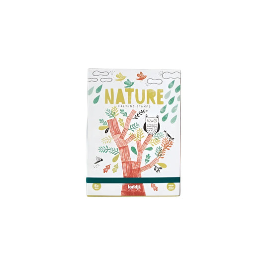 Calming Stamps - Nature: weisse Box mit Baum, Eule, Vögeln und Blättern