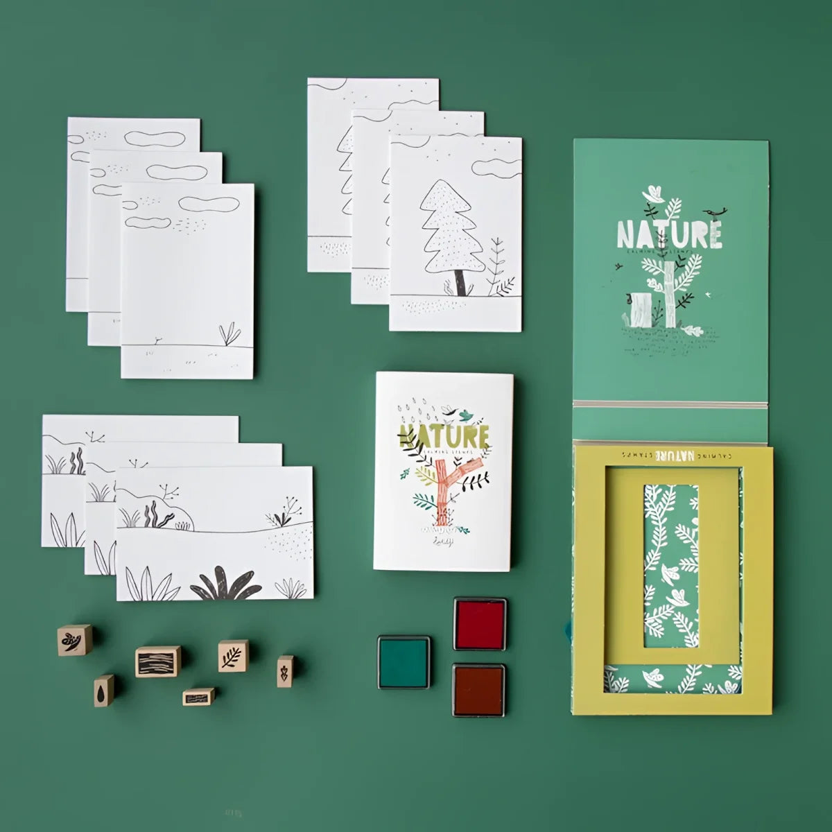 Beruhigende Stempel-Set Natur mit Karten, Holzstempeln und Farbkissen