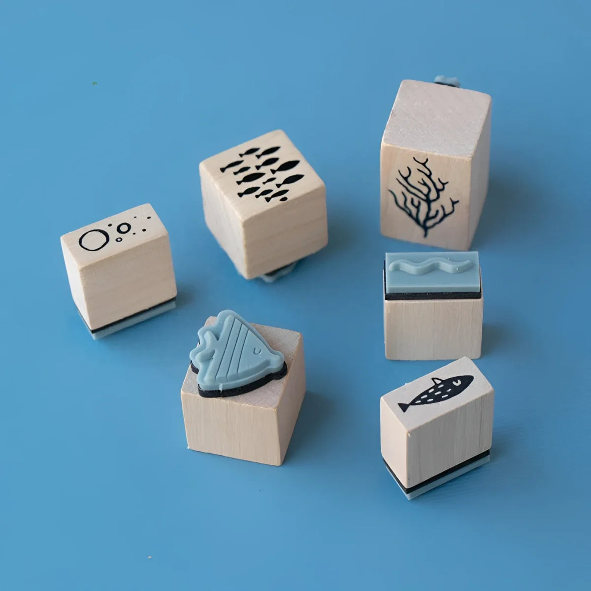 Sechs Holzstempel Calming Stamps - Sea mit Fisch, Koralle und Blasen
