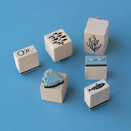 Sechs Holzstempel Calming Stamps - Sea mit Fisch, Koralle und Blasen