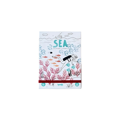Calming Stamps - Sea: weisse Box mit Taucher, Koralle und Fischen