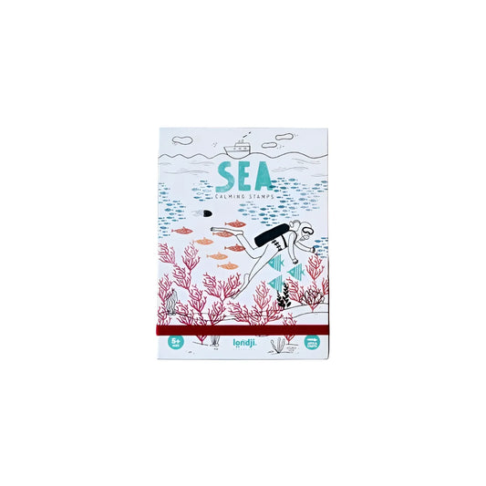 Calming Stamps - Sea: weisse Box mit Taucher, Koralle und Fischen