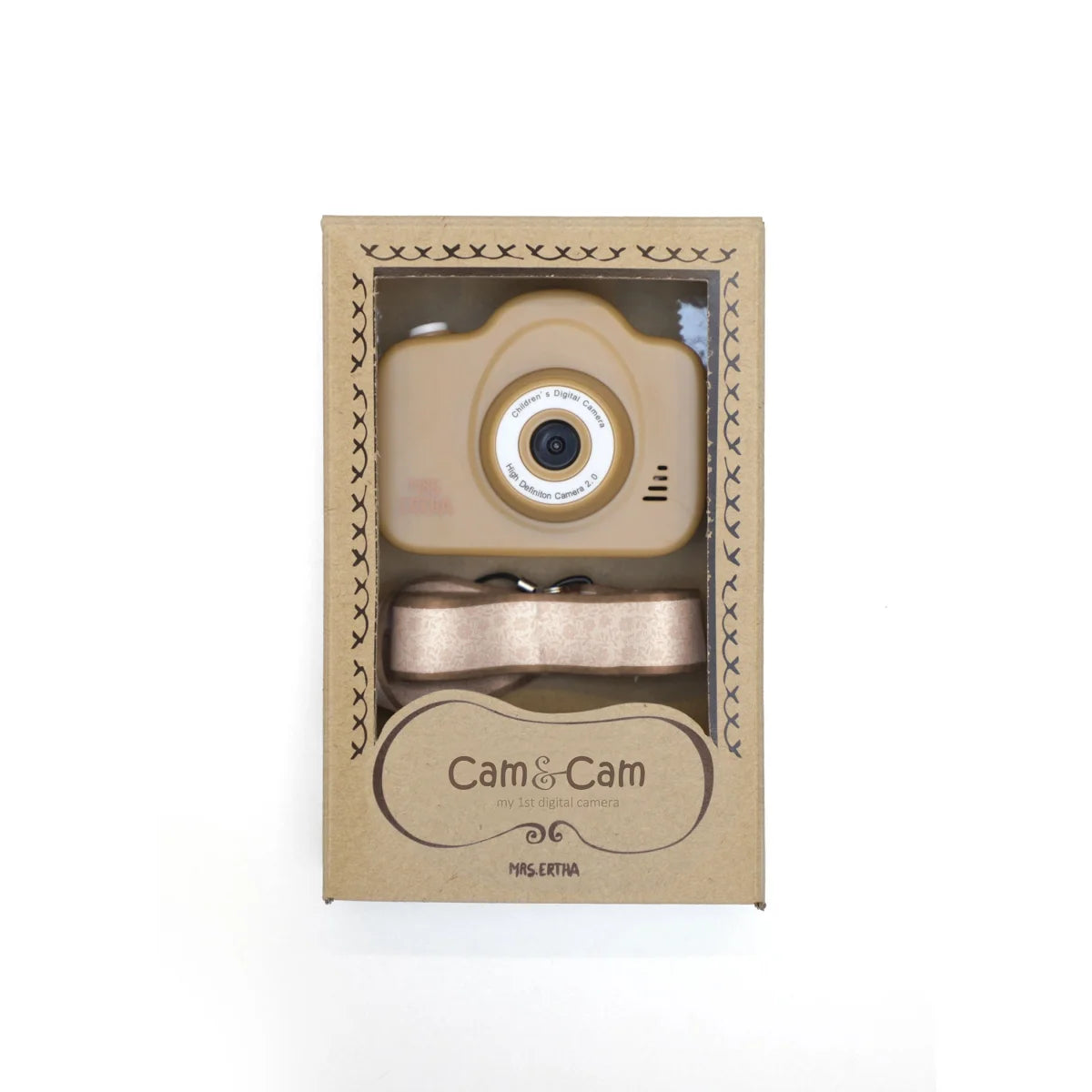 Beige Spielzeugkamera in dekorativer Verpackung der Cam Cam Digitalkamera Peanut Bouquet Silhouette