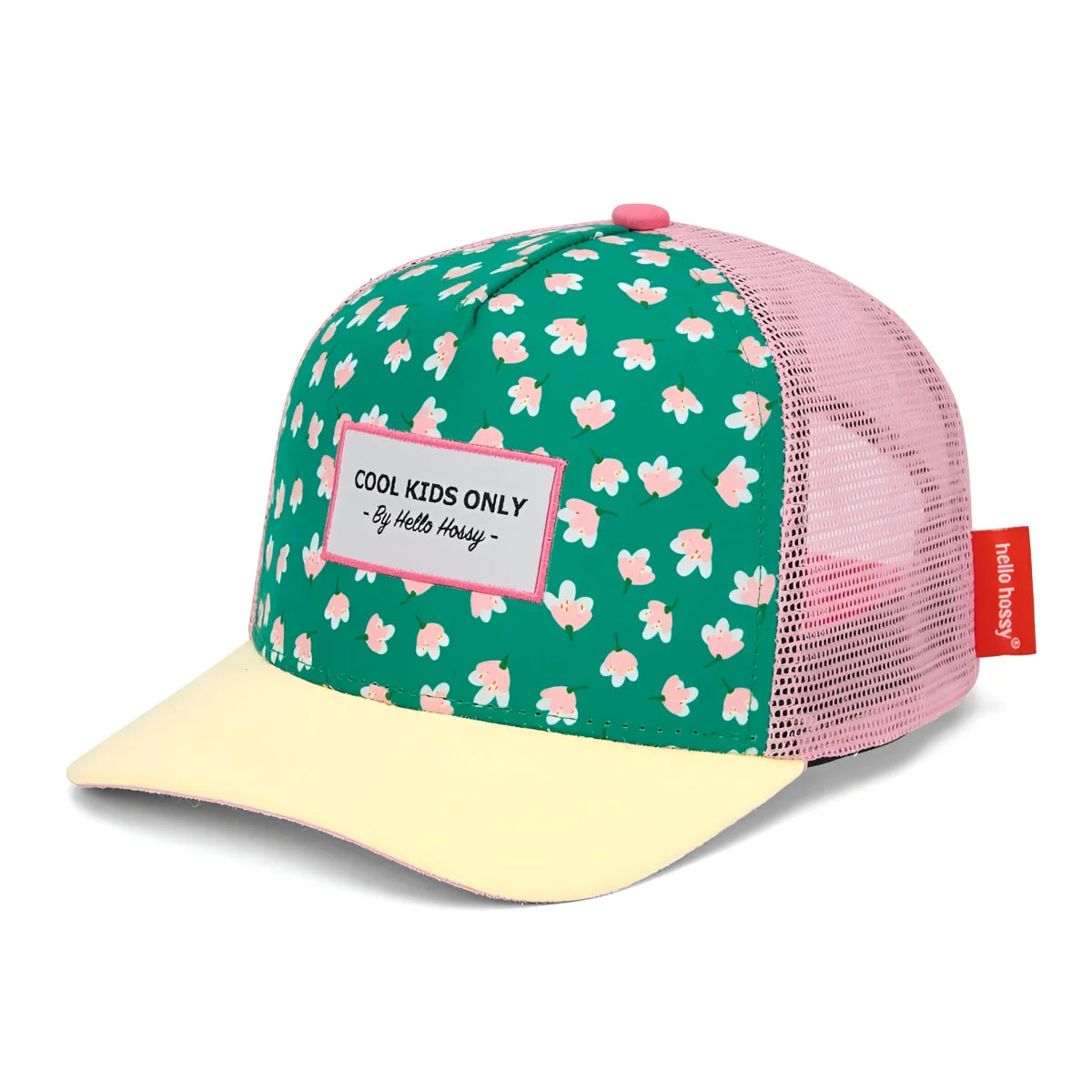 Lebendige grün-rosa geblümte Trucker Cap Garden Joy mit hellgelber Krempe und „Cool Kids Only“ Label von Hello Hossy
