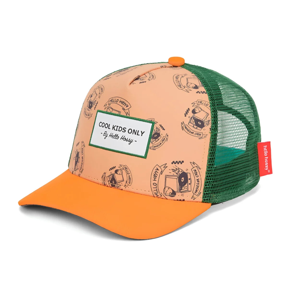 Orange-grüne Trucker Cap Inkee von Hello Hossy mit pfirsichfarbenem Frontpanel und schwarzer Retro-Grafik
