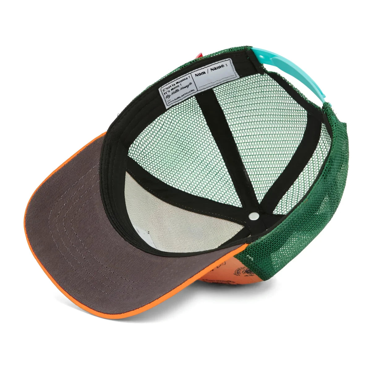Grüner und orangefarbenen trucker cap von inkee mit mesh-rückseite, schwarzem verstellbarem riemen und türkisfarbener