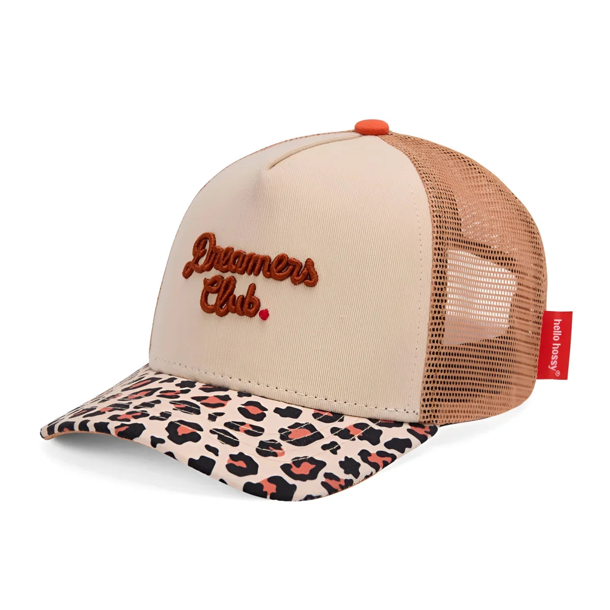 Beige-orange Trucker Cap Léopard mit Leopardenmuster-Schild und besticktem Dreamers Club Logo in Orange