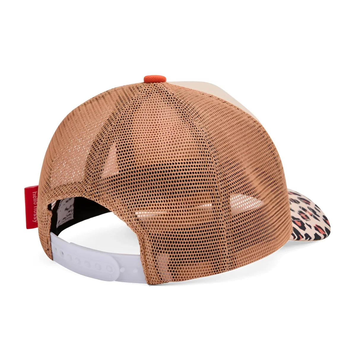 Tan mesh trucker cap mit leopardmuster-bs und orangefarbenem knopf für lässigen style