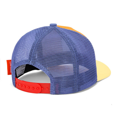 Blau-gelber trucker cap mini canyon mit rotem verstellbarem riemen auf der rückseite