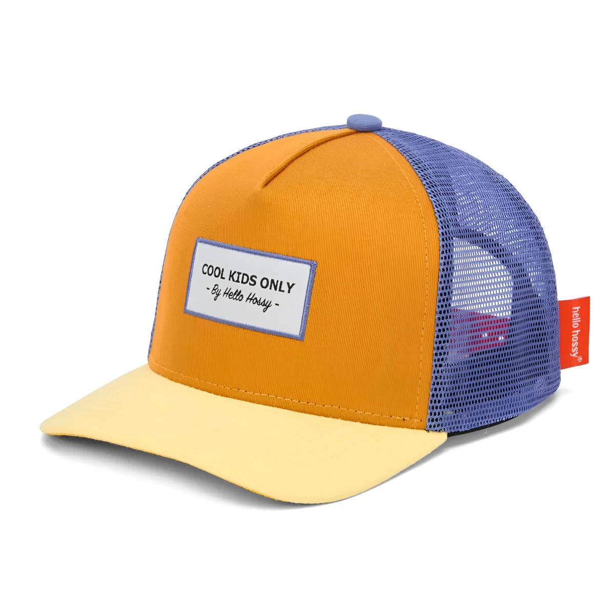 Lebendiger Trucker-Hut Cap Mini Canyon in Orange und Blau mit gelbem Schirm und weissem „Cool Kids Only“ Label von Hello