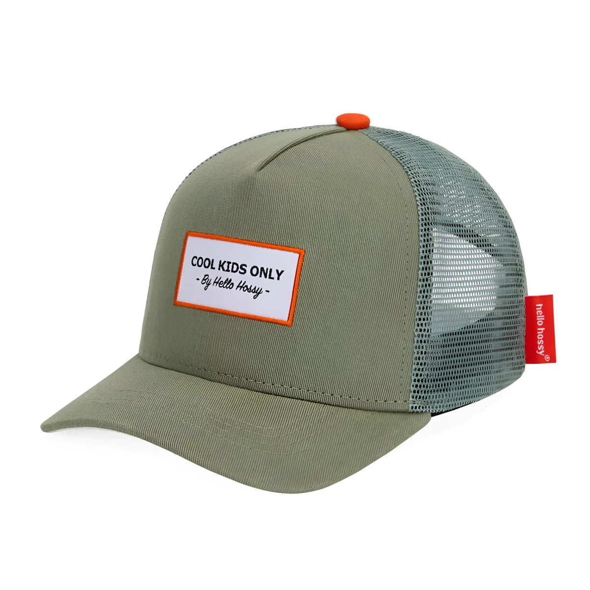Olivgrüne Trucker Cap mit Mesh-Rücken, orangefarbenem Knopf und besticktem Patch „Cool Kids Only“ von Hello Hossy