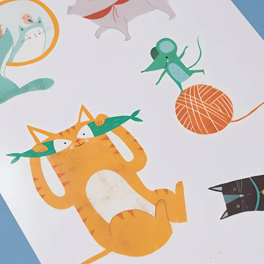Cartoon Tiere auf Papier für Cats Tattoos, inklusive Katze, Maus und Schwein
