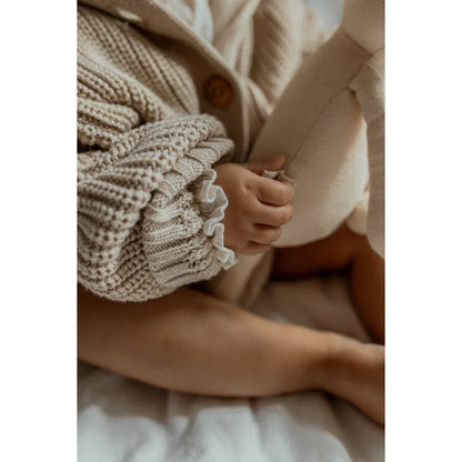 Chunky Knit Cardigan in Oat with textured chunky knit sweater sleeve detail