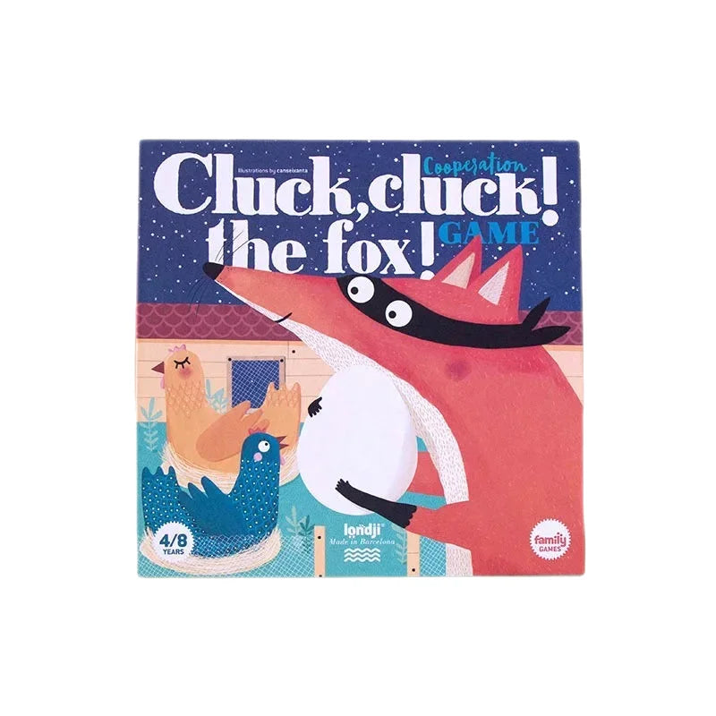 Kinderspielbox Cluck, cluck! der Fuchs! mit Cartoon-Illustrationen von Fuchs und Hühnern